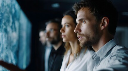 Team of professionals analyzing complex data on a large interactive digital display in a modern dark environment