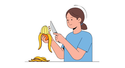 Illustration showcasing a woman carefully peeling a banana with a knife, promoting healthy eating habits and food preparation skills with nutrition