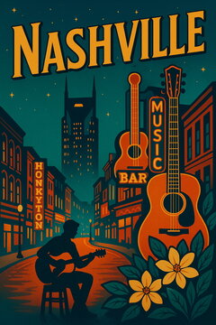 Vintage style travel poster of Nashville skyline with iconic landmarks, warm retro colors, lighting and detailed urban scenery, ideal for tourism, wall arts, postcards and branding.
