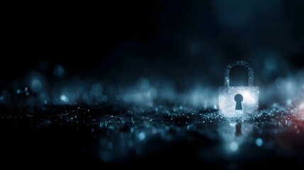 Abstract glowing digital padlock symbol represents security and data protection on a dark technological network background
