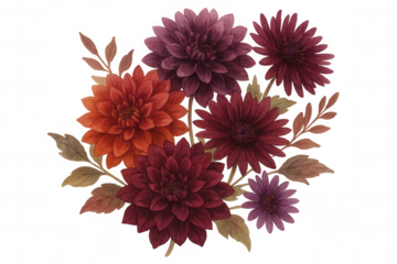 Autumn dahlia and aster flower bouquet watercolor illustration, fall botanical design with transparent background