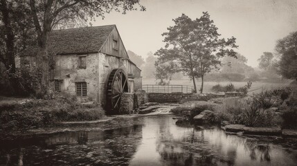 Vintage monochrome image of an old water mill on a peaceful stream with surrounding trees