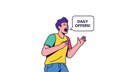 Enthusiastic man announces daily offers in a stylized illustration with a speech bubble graphic on a plain background