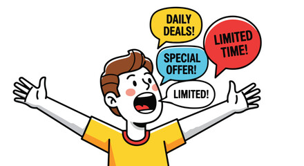 Excited announcer sharing limited time offers, daily deals and special promotions with open arms and enthusiastic expression