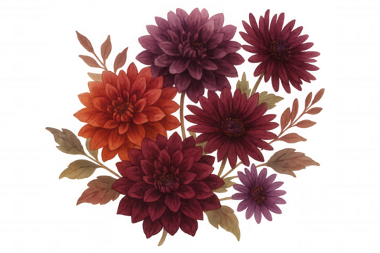 Autumn dahlia and aster flower bouquet watercolor illustration, fall botanical design with transparent background