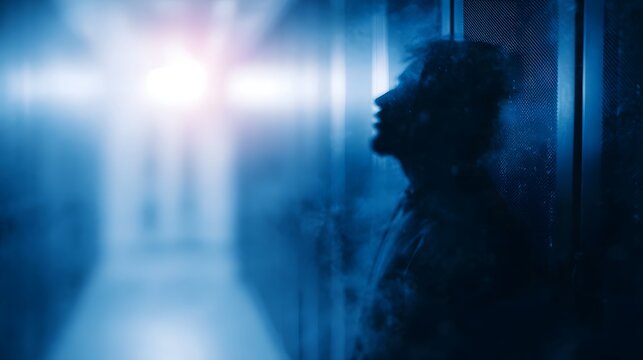 Silhouette of a contemplative man s profile against the backdrop of a futuristic blue lit server room or data center corridor