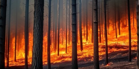 Dramatic Forest Fire With Flames Engulfing Trees and Smoke Rising