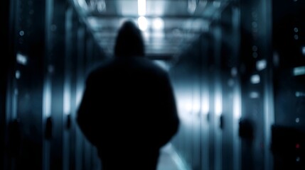 Mysterious silhouette walks down a dimly lit server room corridor lined with technology racks