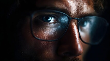 Intense close up of a human eye seen through eyeglasses with sharp detail and dramatic shadowy lighting accentuating focus