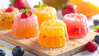 Colorful fruit jellies on a wooden board