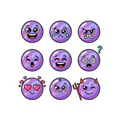 Set of funny purple glossy sphere emoticons showing a range of emotions. Cute cartoon character vector icons for social media and chat