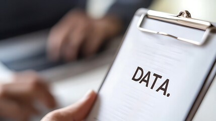 Data Sheet: Close-up of a person holding a clipboard labeled "DATA." Focus on data management and collection in a professional setting. Analysis.