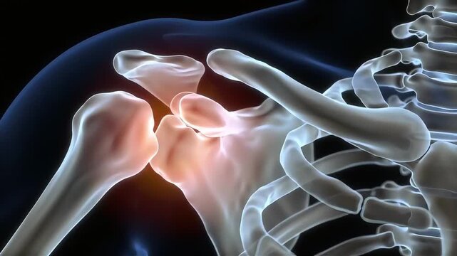 Anatomical illustration of a human shoulder joint with highlighted pain or inflammation, showing bones and ribcage.