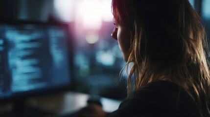 A woman programmer works late at night focused on her computer screen displaying code in a dimly lit office