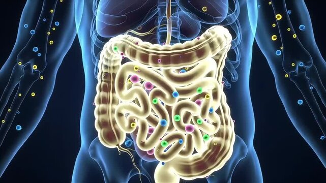 Anatomical illustration of the human digestive system, highlighting the intestines and surrounding structures.