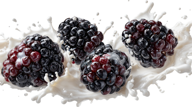 Fresh black berries falling in creamy yogurt splash with juicy fruit texture creating delicious healthy dairy dessert isolated on white background