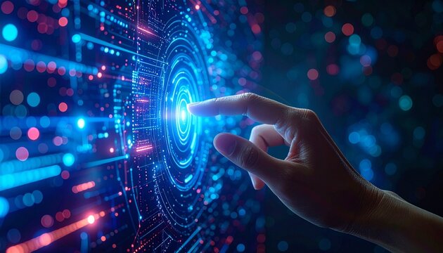 Stunning Action, D animated display hand holographic color out touch background, conceptual photo reaching one interactive