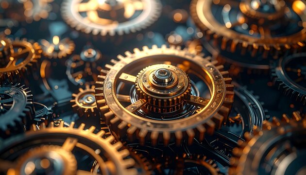 Macro intricate shot clockwork synchronized representing animated gears D Action, color background, one precision, render