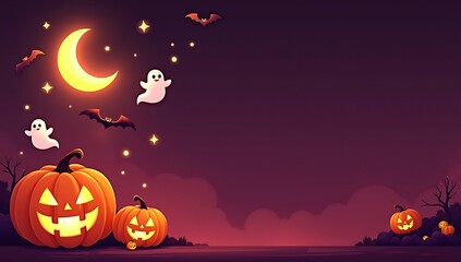 Fototapeta premium Halloween Night Spooky Pumpkins Moon and Bats Background