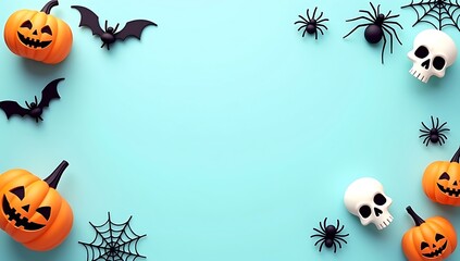 Happy Halloween Party Decorations Frame with Pumpkins, Bats, and Spiders