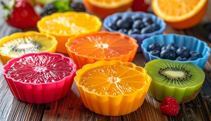 Colorful fruit slices in silicone molds on a wooden table