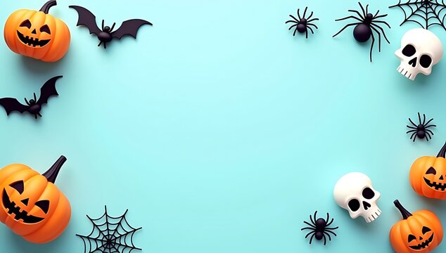 Happy Halloween Party Decorations Frame with Pumpkins, Bats, and Spiders