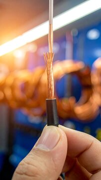 Close-up of a hand holding a dissected wire, showing exposed copper strands and a black connector