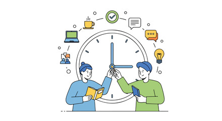 Naklejka premium Time Management Illustration Featuring Collaborative Scheduling and Productivity Balance for Meeting Deadlines