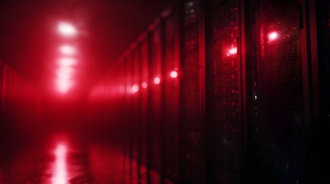 A dim red lit server room aisle with rows of blinking server racks evoking a sense of urgency or alert