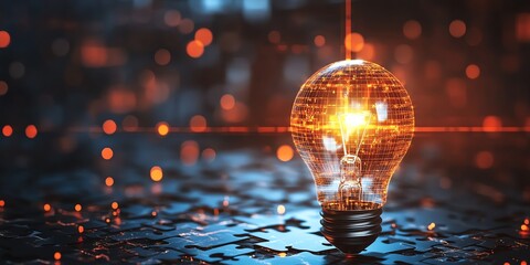Innovative idea concept with digital glowing lightbulb puzzle