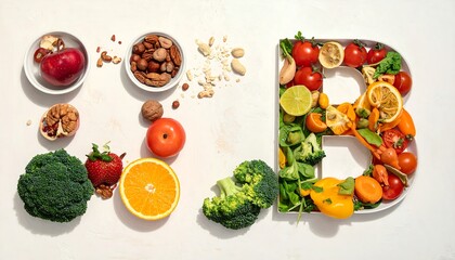 Colorful fruits and vegetables arranged in the letter B