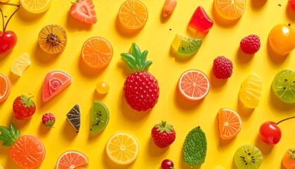 Colorful fruit-shaped candies on yellow background