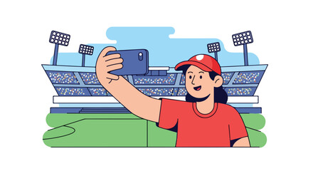 Enthusiastic fan capturing stadium moment with mobile phone selfie creating memorable experiences and sharing digitally conveying excitement
