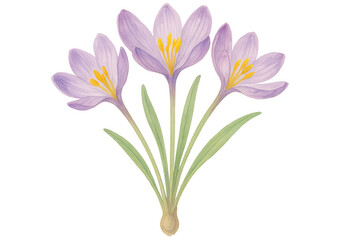 Naklejka premium Purple crocus flowers blooming from bulb, watercolor botanical illustration, natural spring plant vector art