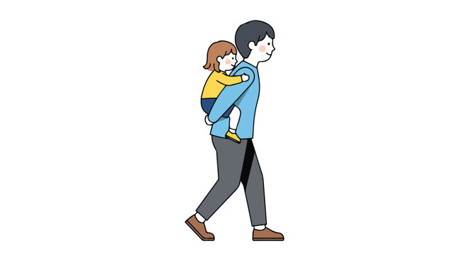 Wholesome illustration of father carrying daughter piggyback, portraying family bonds and affection in a simple, cute design
