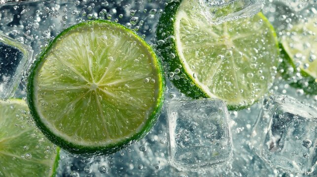 Close-up of lime slices floating in sparkling water with ice cubes.