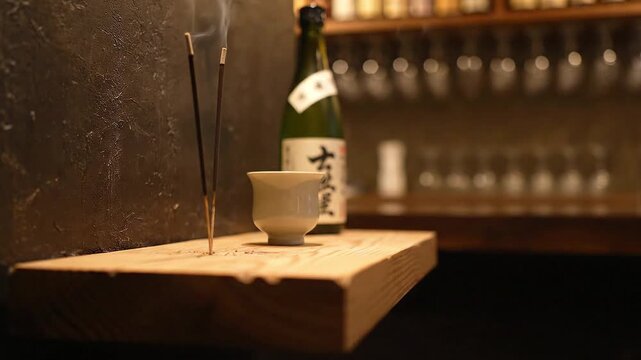 Authentic Japanese sake ceremony with incense burning creating a serene atmosphere for cultural and spiritual connection