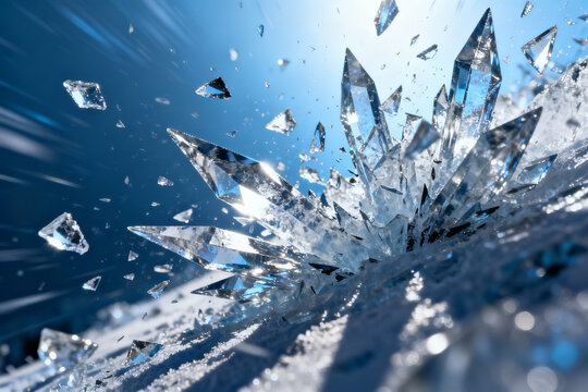 A cluster of sharp clear crystals with fractured pieces against a blue gradient background