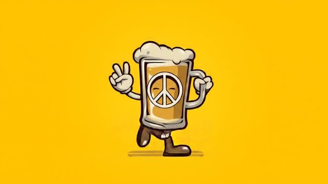 Cartoon beer mug character with peace symbol on yellow background