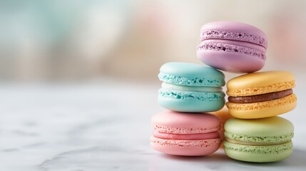 Fototapeta premium Colorful French macarons stacked elegantly on marble, bokeh background, soft pastel tones, macro shot