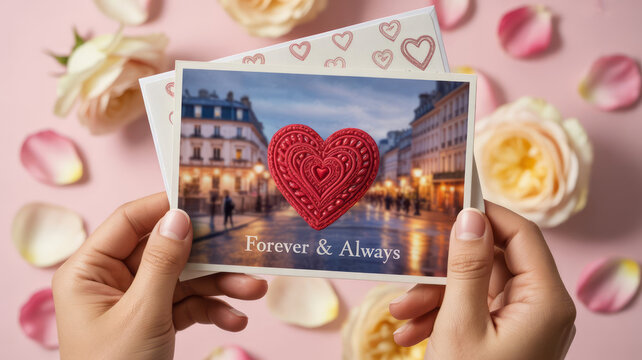 Woman hand holding romantic greeting card with red love heart. heartfelt forever message surrounded by soft rose petal