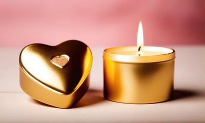 Golden Heart Shaped Box and Lit Candle on Marble with Pink Background