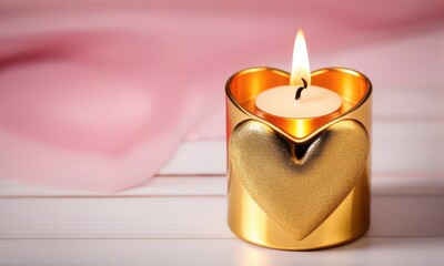 Golden Heart Shaped Candle Holder on White Wooden Surface with Pink Background