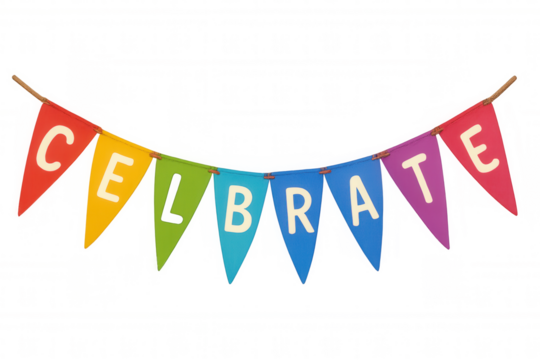 Party buntings spelling celebrate with colorful flags, hanging banner for anniversary, birthday, festival, event decoration