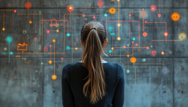 Rear view of a brunette woman looking at a concrete wall with colorful icons about job vacancies, recruitment process, internship and graduate programs