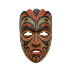 Naklejka premium Authentic hand-carved wooden tribal culture mask isolated on white background.