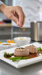 Chef's hand seasoning plated seared fish dish