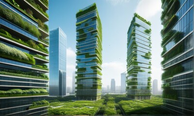 Green Cityscape With Modern Buildings Covered in Vegetation Under Bright Sky