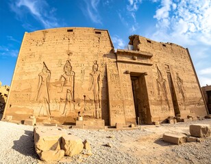 Ancient Egyptian temple facade under a clear sky
