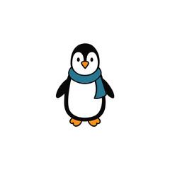 Cute cartoon penguin wearing a blue and green scarf standing and smiling in a whimsical style vector